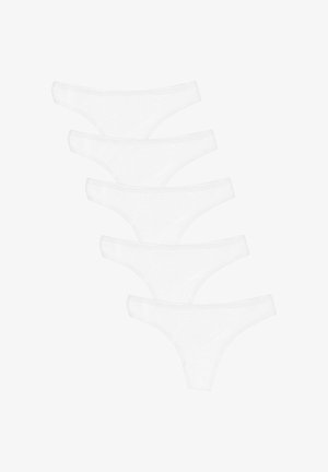 Wit katoenen stringondergoedset, met een gladde textuur, elastische tailleband en minimalistisch design. Vijf stuks weergegeven in een stapel.