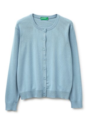 Lichtblauwe gebreide vest met knopen, geribbelde manchetten en zoom, een ronde hals en een groen label met de tekst "United Colors of Benetton".
