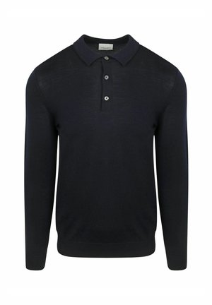 Marineblauwe polotrui met lange mouwen, gebreide stof, drieknopsbies, standaardkraag, geribde boorden en zoom, minimalistisch ontwerp.