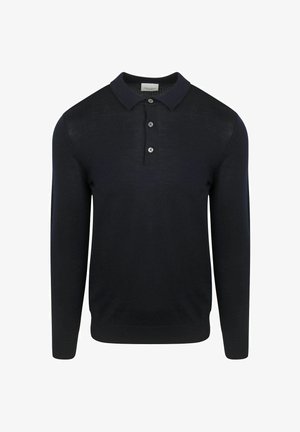 Marineblauwe polotrui met lange mouwen, gebreide stof, drieknopsbies, standaardkraag, geribde boorden en zoom, minimalistisch ontwerp.