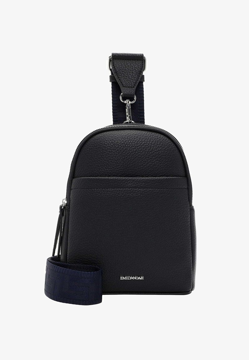 Black leather backpack with a textured finish, rounded design, zip closure, front pocket, and adjustable woven strap. Brand logo visible.
