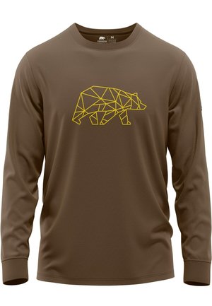 Langärmliges, braunes Shirt mit einem geometrischen gelben Bärenmotiv auf der Vorderseite; glattes Material und eng anliegende Manschetten. Größe M.