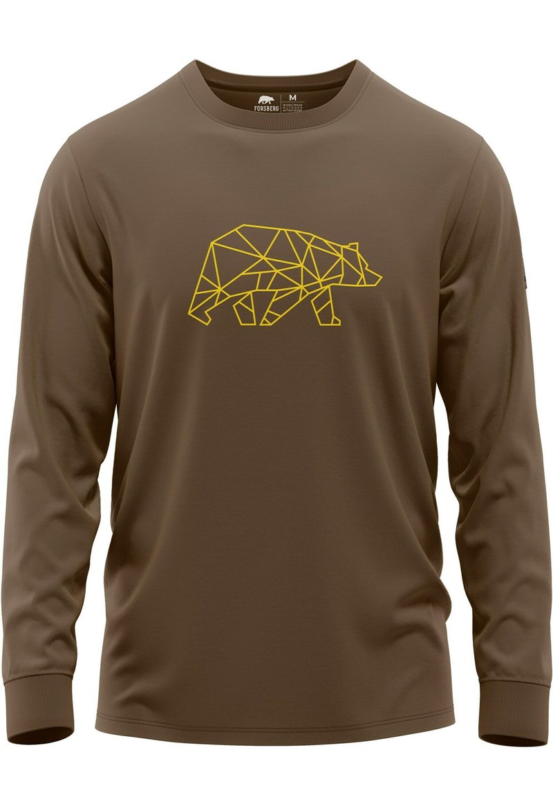 Bruine longsleeve met een geometrisch geel berenontwerp aan de voorkant; gladde stof en aansluitende manchetten. Maat medium.
