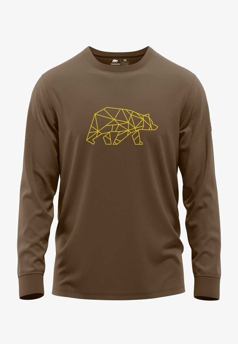 Camisa de manga larga marrón con un diseño geométrico de un oso amarillo en la parte delantera; tejido suave y puños ajustados. Talla mediana.
