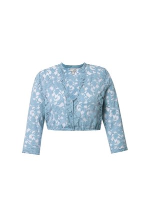 Veste en dentelle cropped de couleur bleu clair avec des manches longues, un col rond et une fermeture à boutons sur le devant. Motif floral sur l'ensemble du tissu.