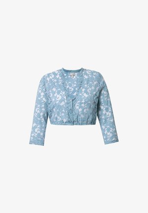 Gekürzte Spitzenjacke in Hellblau mit langen Ärmeln, rundem Halsausschnitt und Knopfverschluss vorne. Blütenmuster auf dem gesamten Stoff.