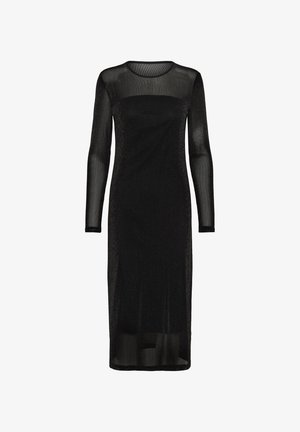 Dlhé čierne šaty s priesvitnou, textúrovanou vrstvou a pevnou časťou na tele. Majú dlhé rukávy a priamy strih. Diskrétne trblietanie po celej ploche.