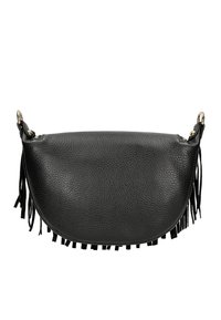 Borsa in pelle nera con finitura testurizzata, forma arrotondata e dettagli in frange lungo il fondo. Presenta accessori in metallo dorato sulle tracolle.