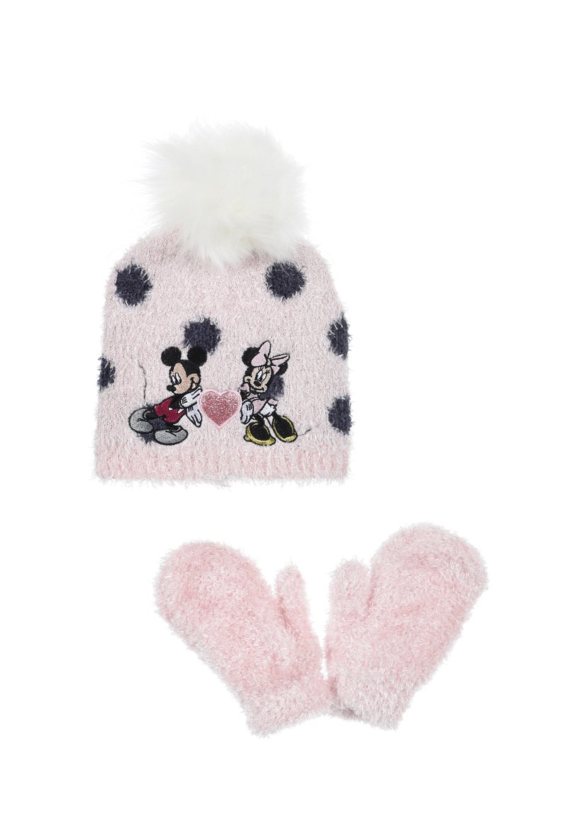 Pink fuzzy knit beanie with white pom-pom and navy polka dots, featuring embroidered Mickey and Minnie Mouse holding a heart. Matching mittens.