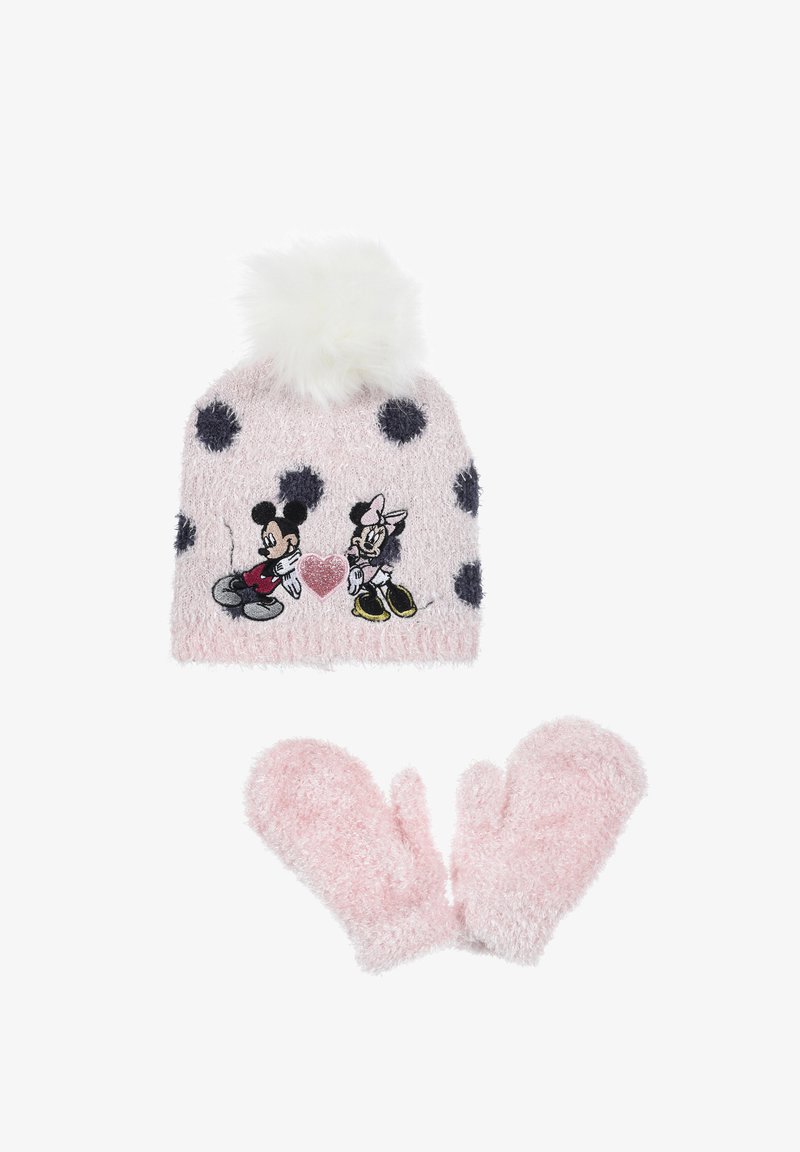 Pink fuzzy knit beanie with white pom-pom and navy polka dots, featuring embroidered Mickey and Minnie Mouse holding a heart. Matching mittens.