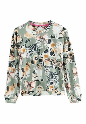 Vihreä collegepaita, jossa on kokonaiskuva erilaisista kissoista ja ruseteista. Pehmeästä kankaasta valmistettu, pitkähihaiset ja pyöreä kaula-aukko.