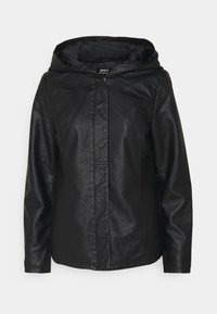 Veste noire en simili cuir avec capuche, présentant un design avant épuré, des manches longues et une finition lisse et texturée.