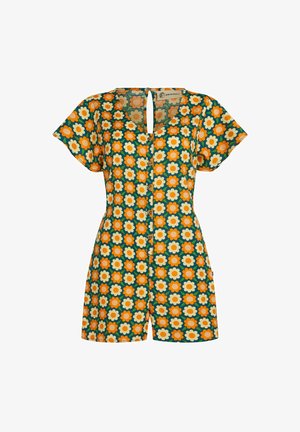 Letný overal s kvetinovým vzorom, na zelenom pozadí oranžové a žlté kvety. Krátke rukávy, výstrih do V a zapínanie na gombíky vpredu.