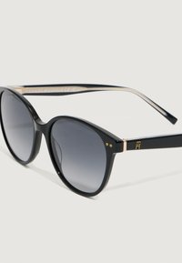 Čierne okrúhle slnečné okuliare so gradientnými tmavošedými sklami a zlatými akcentmi na spánkoch na bielom pozadí.