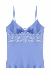 Camisón de satén azul claro con tirantes delgados ajustables y banda de encaje floral en la zona del busto.