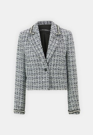 Kürzer schwarzer und weißer Tweed-Blazer mit einem Knopfverschluss, Perlenakzenten an den Manschetten und scharfen Revers. Strukturierter Stoff mit taillierter Passform.