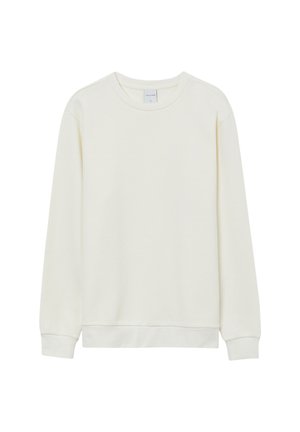 Maglione bianco a maniche lunghe in maglia waffle con polsini e orlo a costine, esposto su uno sfondo bianco.