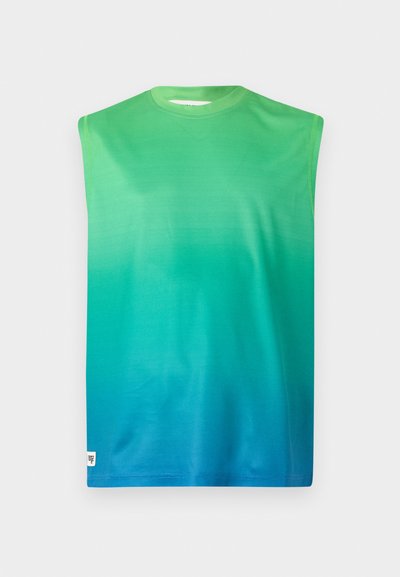 Sleeveless T-shirt in gradient shades of green to blue. Made of smooth fabric with a crew neckline and no visible hardware.