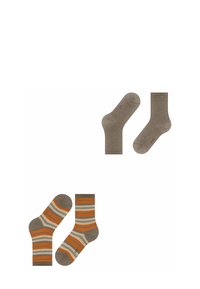 Zwei Paar Socken: eines in einfarbig Taupe, das andere mit horizontalen Streifen in Taupe, Beige, Orange und Creme. Beide haben einen gerippten Bund.