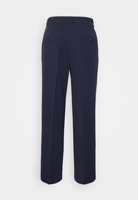 Pantaloni navy a vita alta con gamba dritta, dotati di due tasche posteriori con bottoni e un tessuto liscio e testurizzato.
