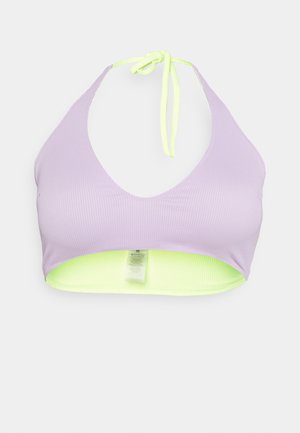 Top de bikini roxo com nervuras, com um decote em V largo e alças de amarrar em verde-neon. A parte inferior apresenta uma faixa sólida verde. Etiqueta anexada no interior.
