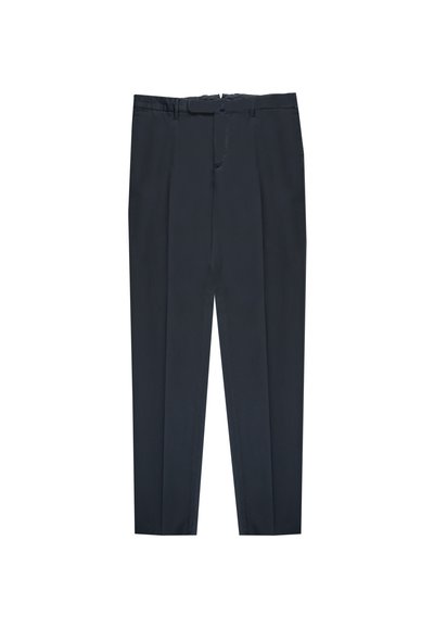 Pantaloni blu scuro con taglio dritto, pieghe frontali e una texture del tessuto liscia. Presentano una cintura semplice con una chiusura discreta.