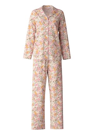 Completo pigiama con stampa floreale in tessuto leggero, caratterizzato da maniche lunghe, chiusura a bottoni e pantaloni dalla vestibilità ampia, con un motivo ripetuto di rosa, giallo e verde.