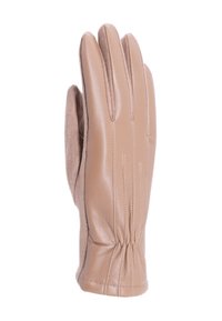 Guanto in pelle color cuoio con una texture liscia, dotato di quattro dita separate, cuciture sottili e polsino arricciato per una vestibilità sicura.