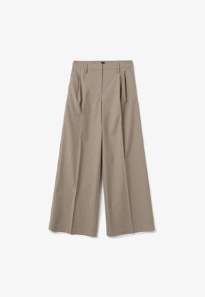 Beige wijde broek met een geweven stof, voorzien van voorplooien, riemlussen en een gladde tailleband.