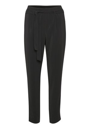 Pantaloni neri su misura con cintura a cravatta, gamba dritta, tessuto morbido e tasche laterali. Texture liscia con dettagli di cucitura minimi.
