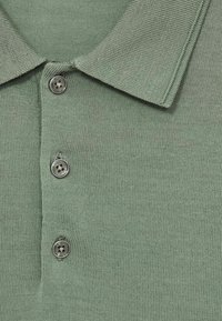 Polo verde tricotat, cu guler, placket cu trei butoni și textură fină. Materialul pare moale, cu un finisaj curat.