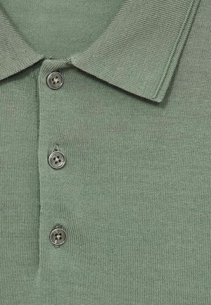 Polo shirt en tricot vert avec un col, une patte de boutonnage à trois boutons et une texture fine. Le tissu semble doux avec une finition soignée.
