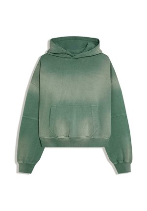 Zelená vyblednutá mikina s kapucňou, predným klokaním vreckom, dlhými rukávmi, rebrovanými manžetami a mierne skráteným lemom.