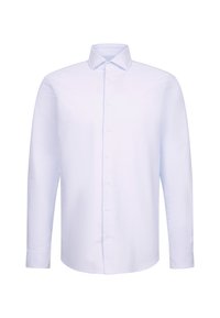 Lange mouwen overhemden in lichtblauwe stof. Voorzien van een klassieke kraag, knopen aan de voorkant en een ronde zoom. Glad textuur.