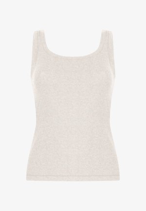 Hellgraues Tanktop mit quadratischem Ausschnitt, aus weichem, strukturiertem Stoff gefertigt. Enganliegendes Design mit breiten Schulterträgern und geradem Saum.