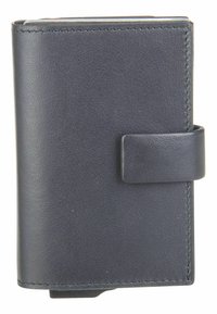 Čierna kožená peňaženka s hladkou textúrou, so zapínaním na klapku a prešívanými okrajmi. Kompaktný obdĺžnikový tvar, minimalistický dizajn.
