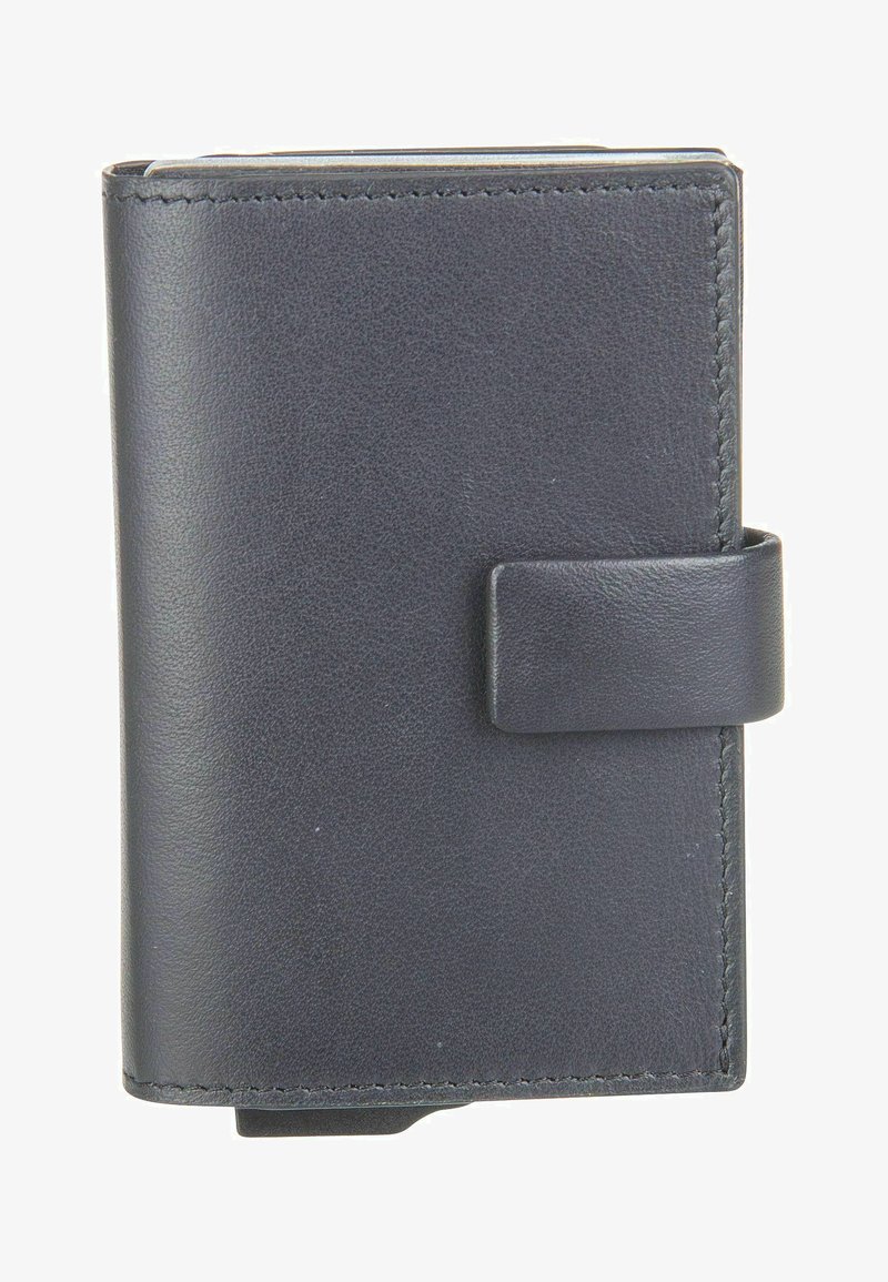 Čierna kožená peňaženka s hladkou textúrou, so zapínaním na klapku a prešívanými okrajmi. Kompaktný obdĺžnikový tvar, minimalistický dizajn.