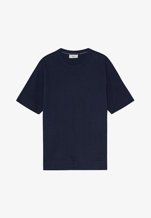 Dunkelblaues Kurzarm-T-Shirt aus Baumwolle, mit klassischem Rundhalsausschnitt und entspanntem Schnitt mit genähten Säumen.