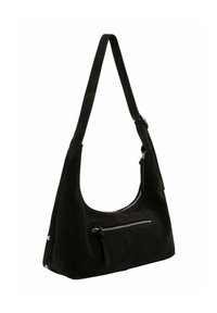 Sac à épaule en suede noir avec une forme courbée, une poche avant zippée et une longue bandoulière. Présente une texture lisse et un matériel minimal.