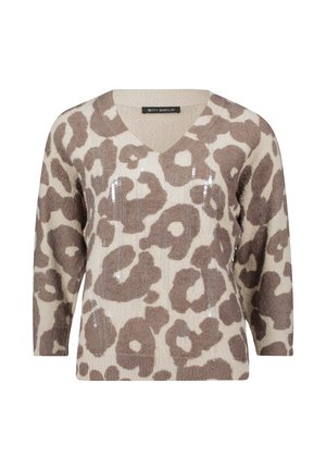 Beige V-hals trui met een bruine luipaardprint. Gemaakt van textuurstof voorzien van pailletten aan de voorkant. Driekwartmouwen.