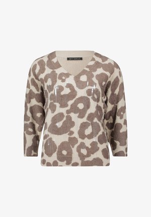 V-neck sweater in beige with a brown leopard print. Features textured fabric accented by sequins on the front. Three-quarter sleeves.
