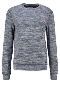 Felpa girocollo blu navy con motivo testurizzato, dotata di maniche lunghe e un piccolo logo sul petto; realizzata in tessuto morbido.