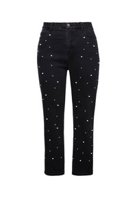 Jean en denim noir avec des embellissements de perles blanches éparpillées et une fermeture à bouton à la taille, présenté sur un fond blanc.