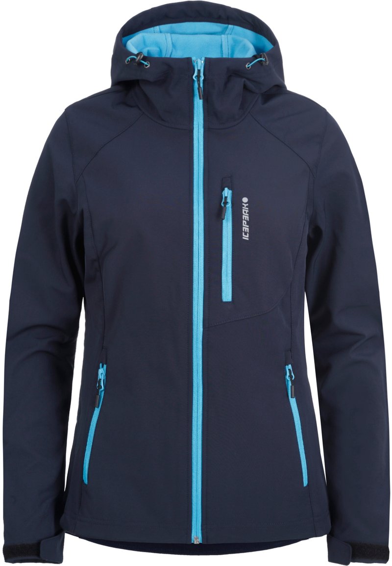 Navy blue softshell jacket with a light blue inner lining, zippered pockets, adjustable hood, and contrasting zippers. Lightweight, breathable material.