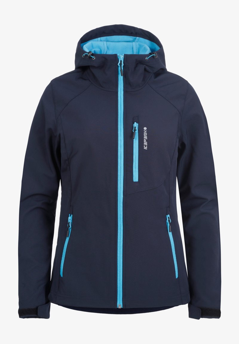 Navy blue softshell jacket with a light blue inner lining, zippered pockets, adjustable hood, and contrasting zippers. Lightweight, breathable material.
