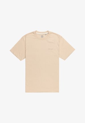 Beige cotton T-shirt with short sleeves, round neckline, and a small, muted "element" logo on the front left side. Smooth texture.