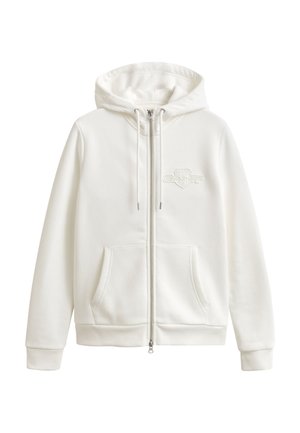 White zip-up hoodie with front pockets, drawstring hood, ribbed cuffs, and subtle embossed logo on the chest.