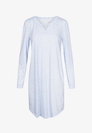 Hellblaues Nachthemd mit weißen Punkten, langen Ärmeln und V-Ausschnitt. Hergestellt aus weichem Stoff mit glatter Oberfläche.