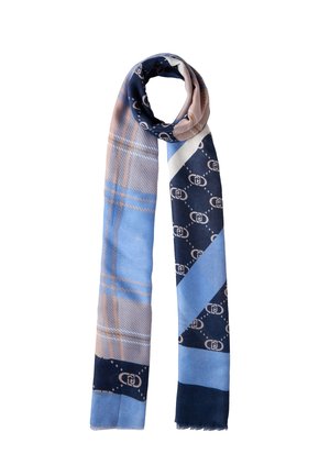 Foulard in seta con un mix di motivi blu, beige e Navy, tra cui plaid e design geometrici. Texture liscia con bordi frangiati.