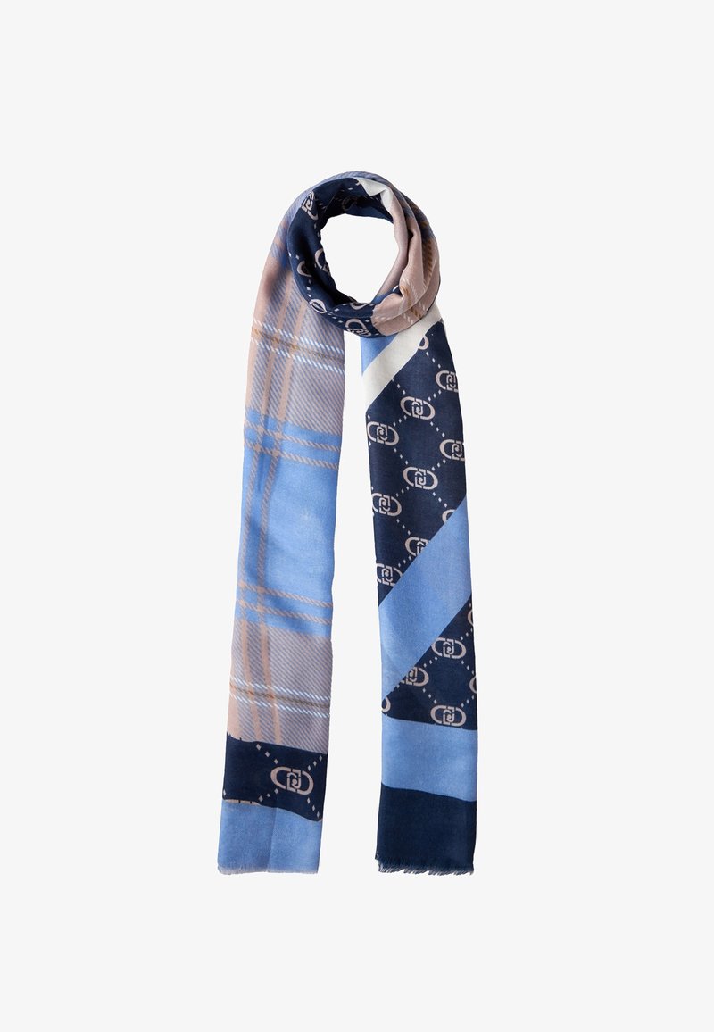 Silk scarf featuring a mix of blue, beige, and navy patterns, including plaid and geometric designs. Smooth texture with fringed edges.